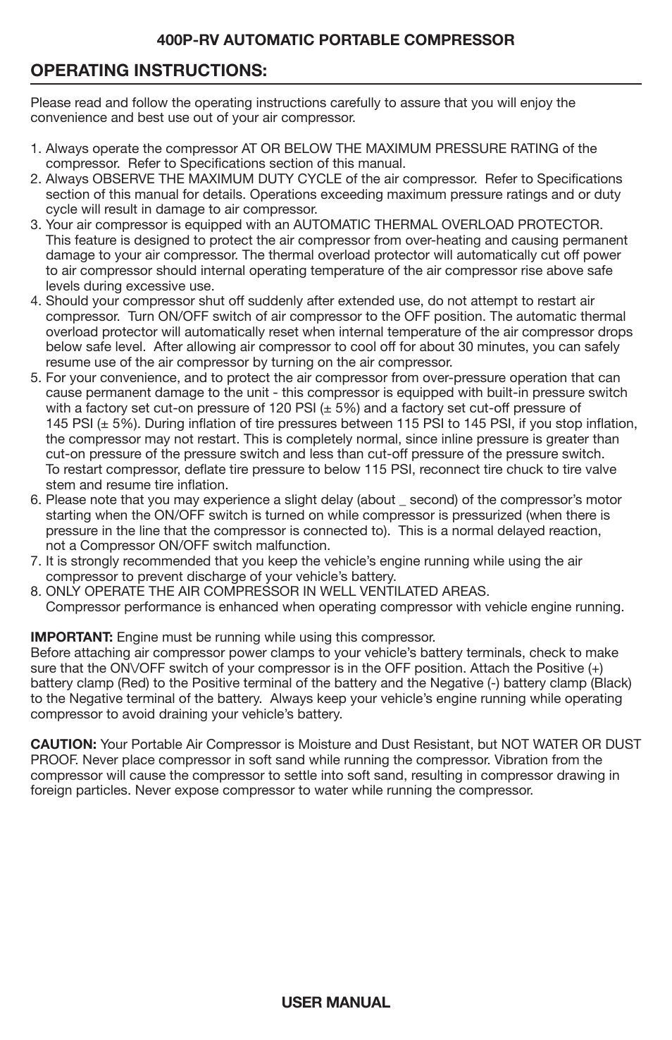 Operating instructions | VIAIR 400P-RV Auto User Manual | Page 3 / 8