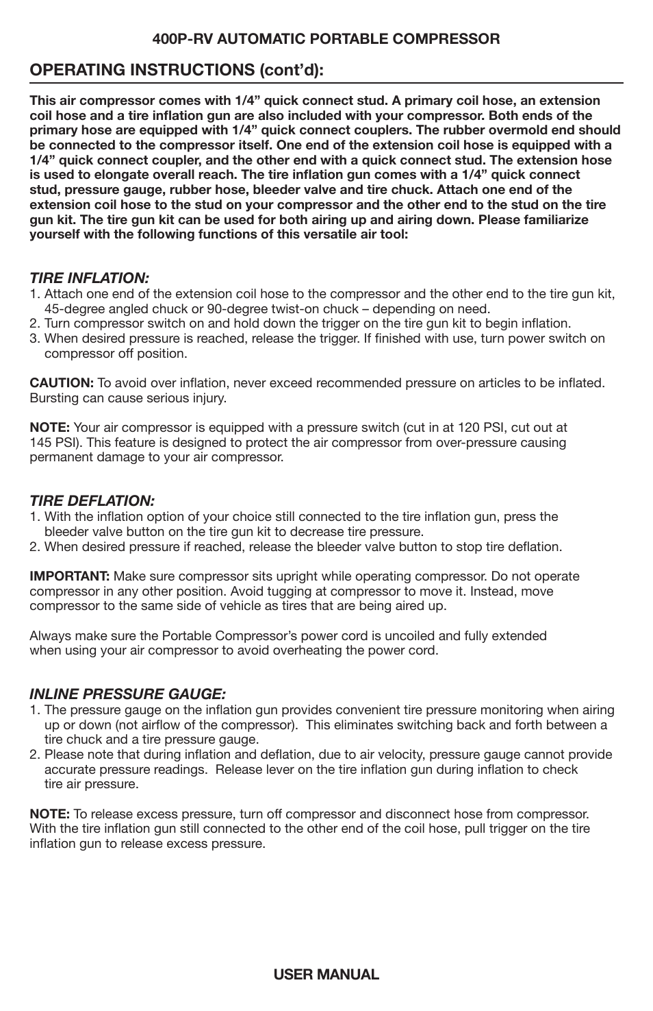 Operating instructions (cont’d) | VIAIR 400P-RV Auto User Manual | Page 4 / 8