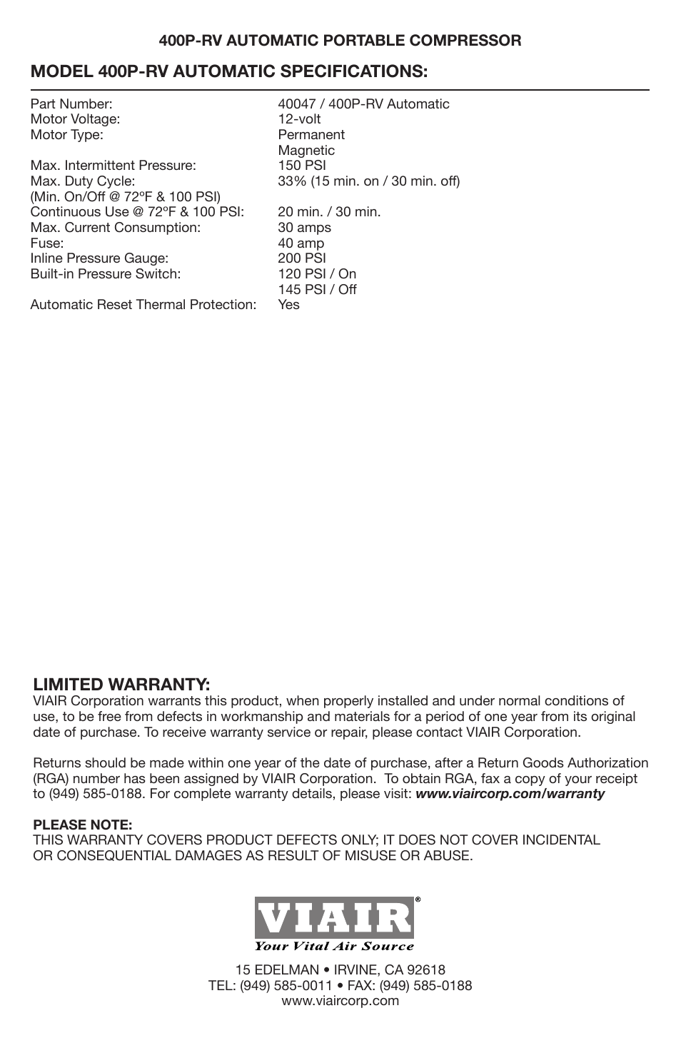 Limited warranty, Model 400p-rv automatic specifications | VIAIR 400P-RV Auto User Manual | Page 8 / 8