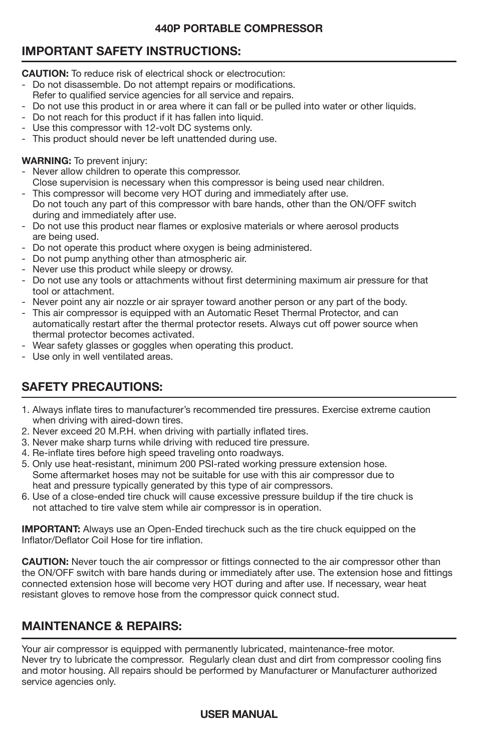 Important safety instructions, Safety precautions, Maintenance & repairs | VIAIR 440P User Manual | Page 2 / 4