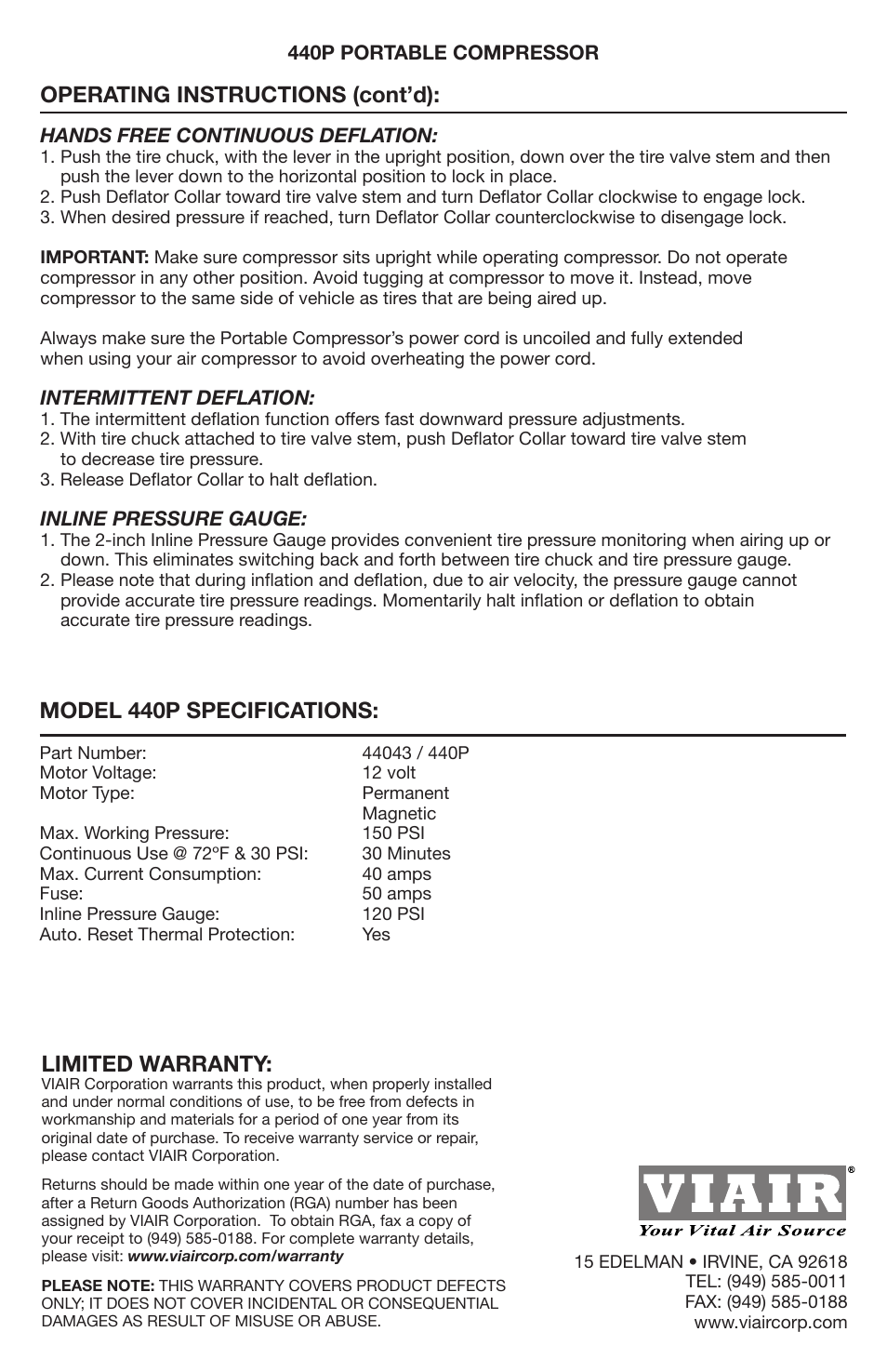 Operating instructions (cont’d), Limited warranty, Model 440p specifications | VIAIR 440P User Manual | Page 4 / 4