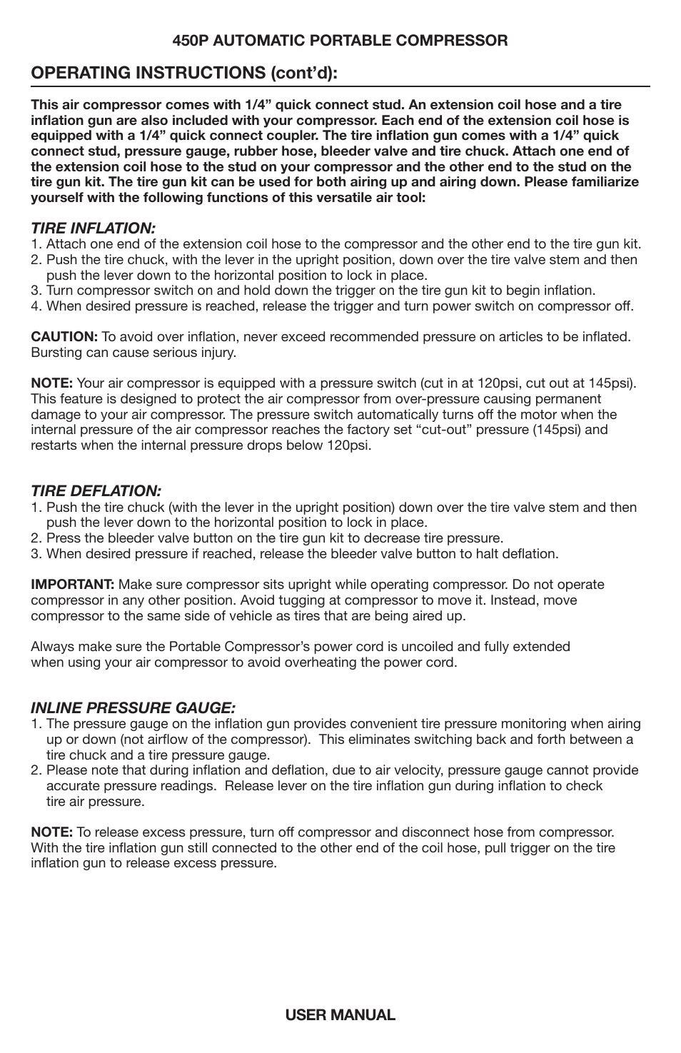 Operating instructions (cont’d) | VIAIR 450P-Auto User Manual | Page 4 / 8