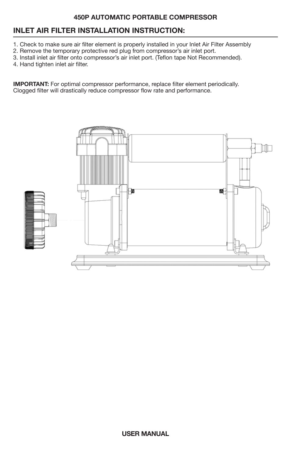 Inlet air filter installation instruction | VIAIR 450P-Auto User Manual | Page 6 / 8