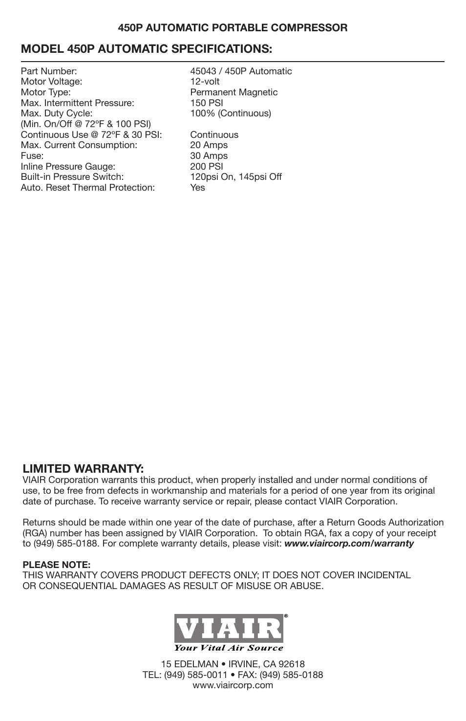 Limited warranty, Model 450p automatic specifications | VIAIR 450P-Auto User Manual | Page 8 / 8