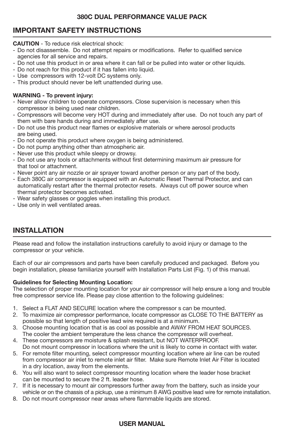 Important safety instructions, Installation | VIAIR 380C Dual User Manual | Page 2 / 8