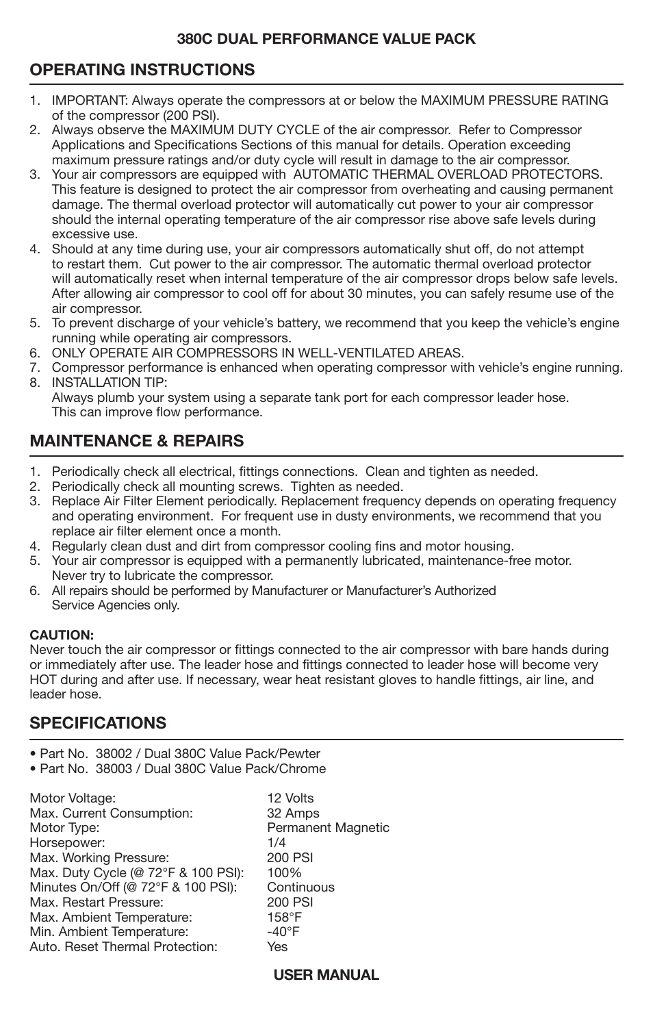 Operating instructions, Maintenance & repairs, Specifications | VIAIR 380C Dual User Manual | Page 4 / 8