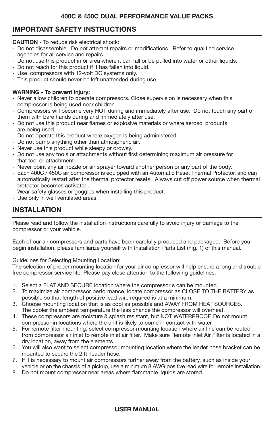 Important safety instructions, Installation | VIAIR 450C Dual User Manual | Page 2 / 8