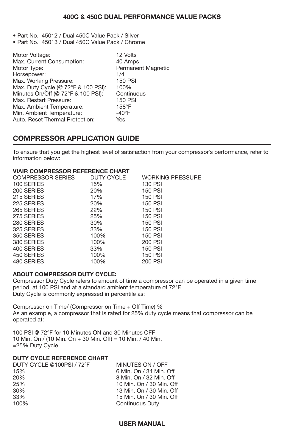 Compressor application guide | VIAIR 450C Dual User Manual | Page 5 / 8