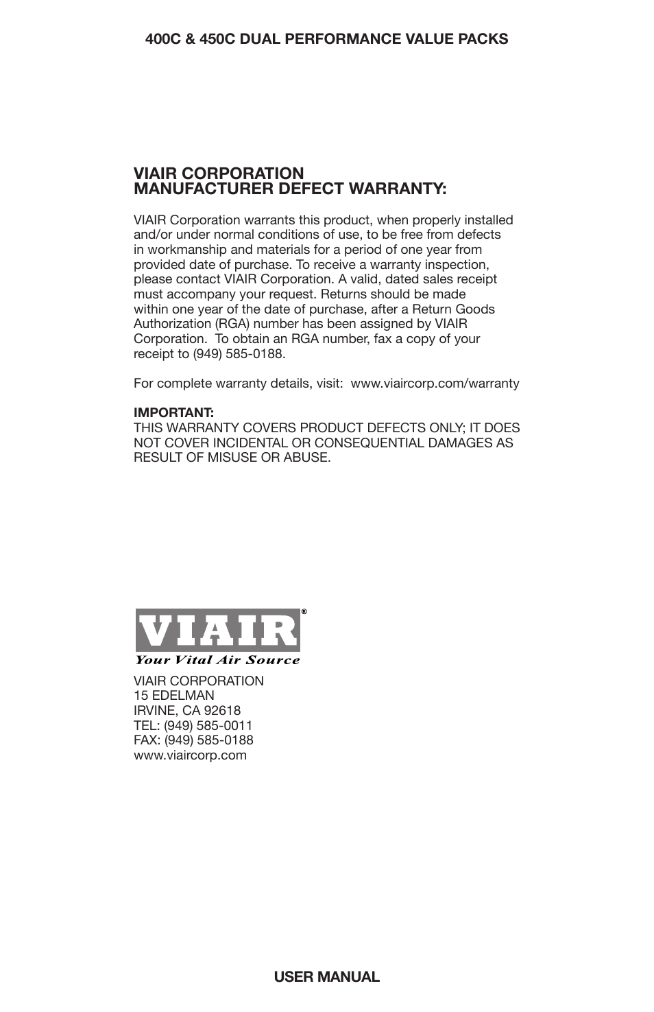 Viair corporation manufacturer defect warranty | VIAIR 450C Dual User Manual | Page 8 / 8