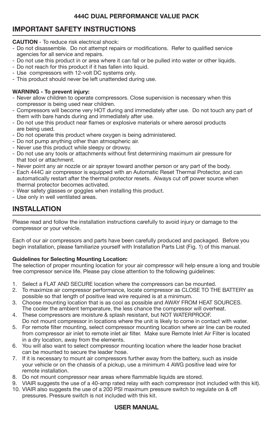 Important safety instructions, Installation | VIAIR 444C Dual User Manual | Page 2 / 8