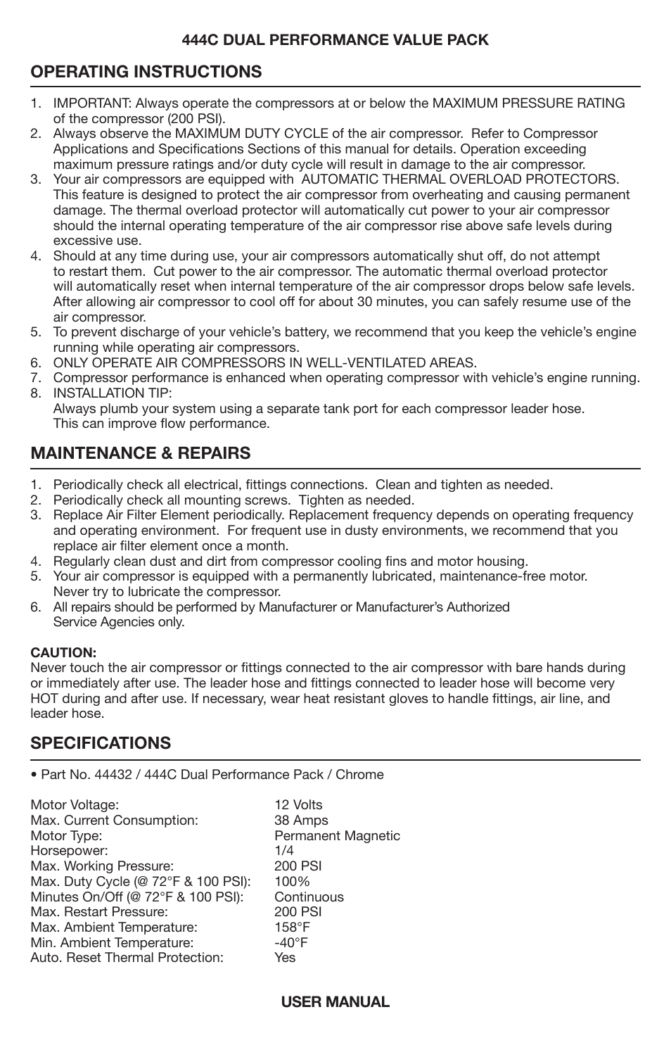 Operating instructions, Maintenance & repairs, Specifications | VIAIR 444C Dual User Manual | Page 4 / 8