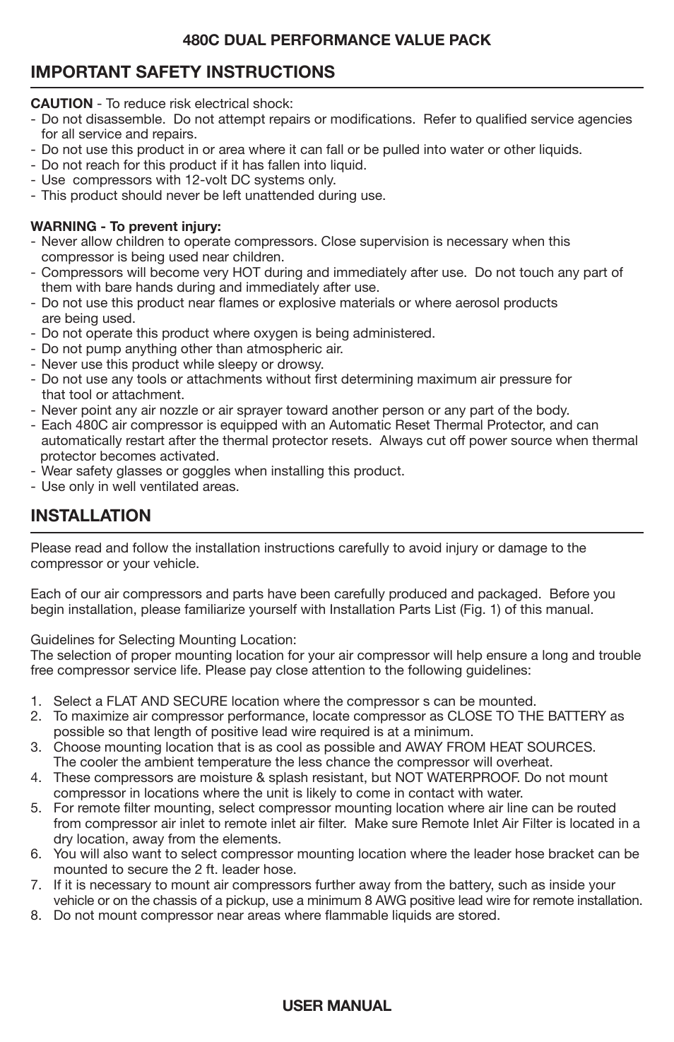 Important safety instructions, Installation | VIAIR 480C Dual User Manual | Page 2 / 8