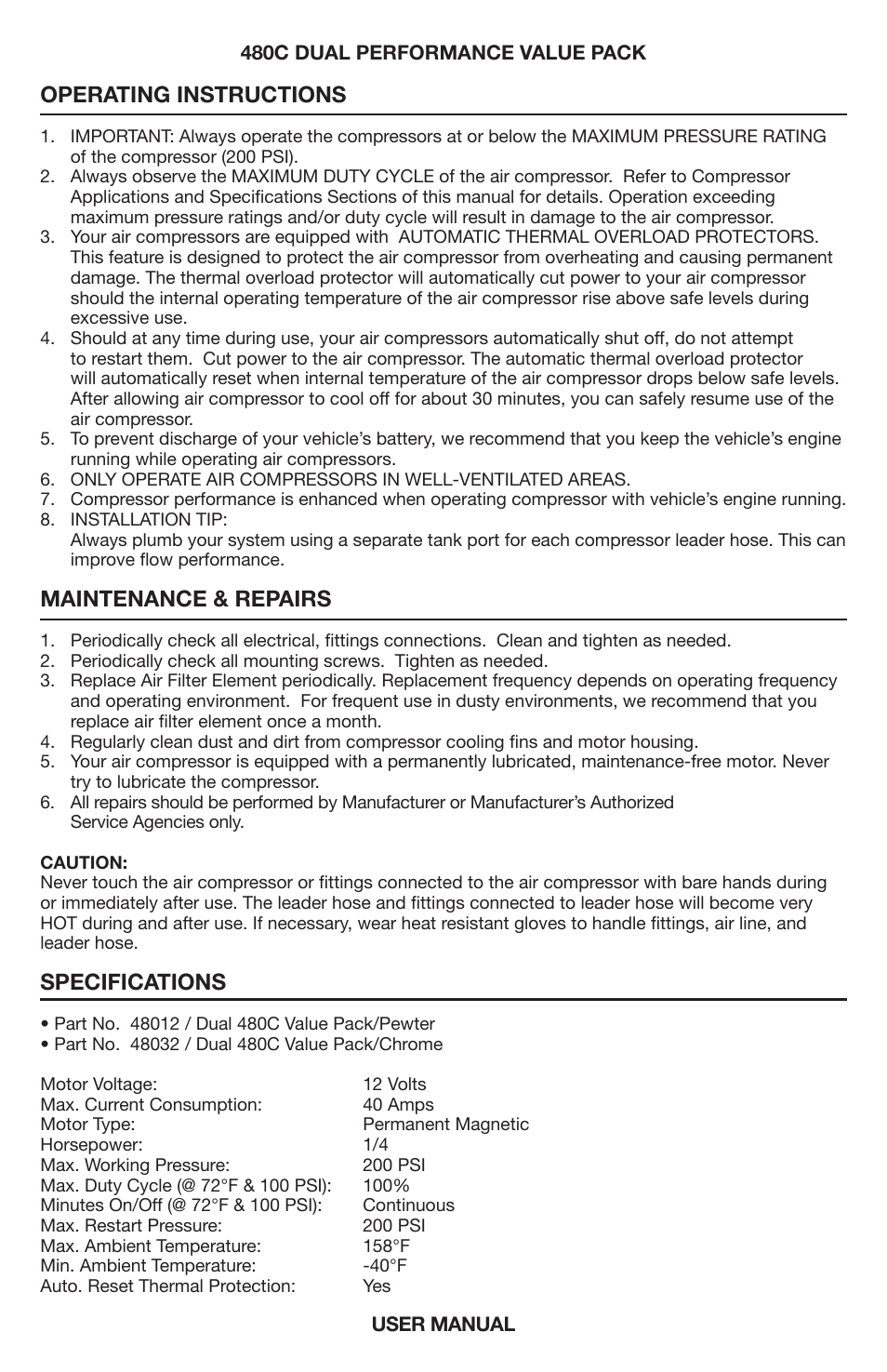 Operating instructions, Maintenance & repairs, Specifications | VIAIR 480C Dual User Manual | Page 4 / 8