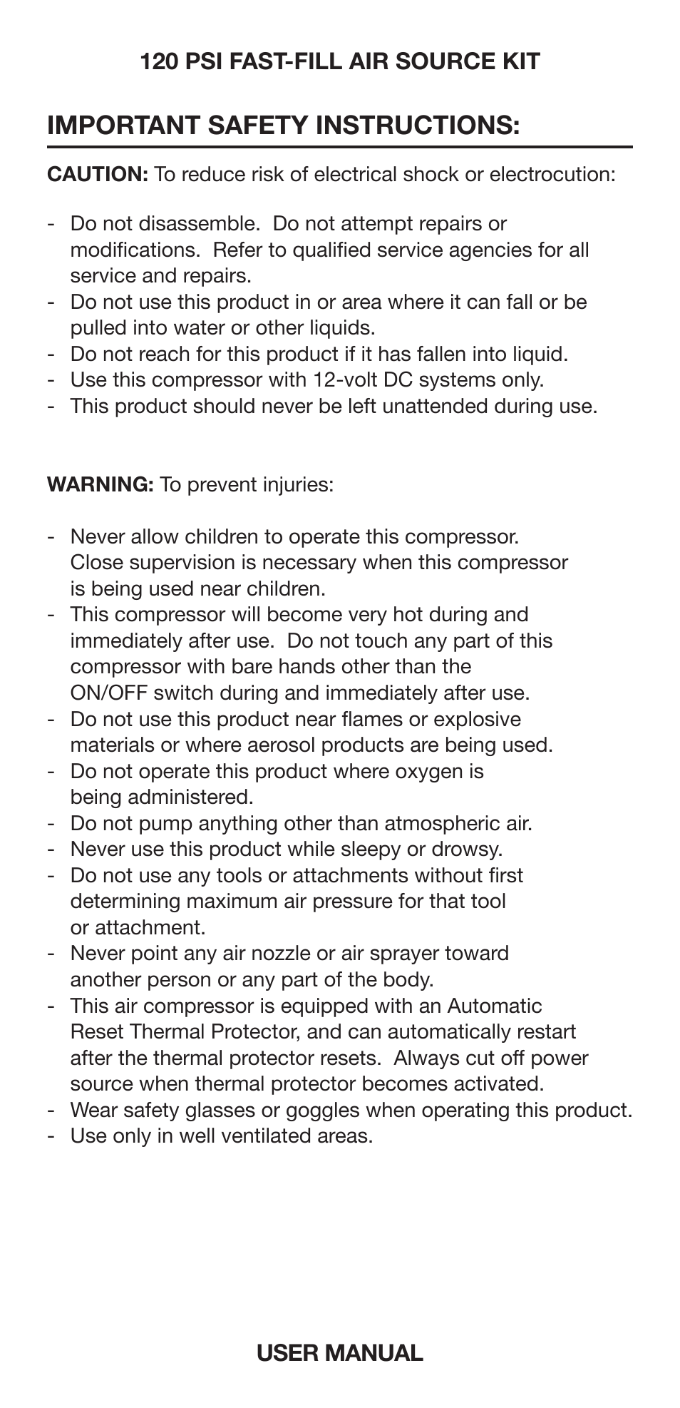 Important safety instructions | VIAIR 120 PSI Fast-Fill User Manual | Page 2 / 10