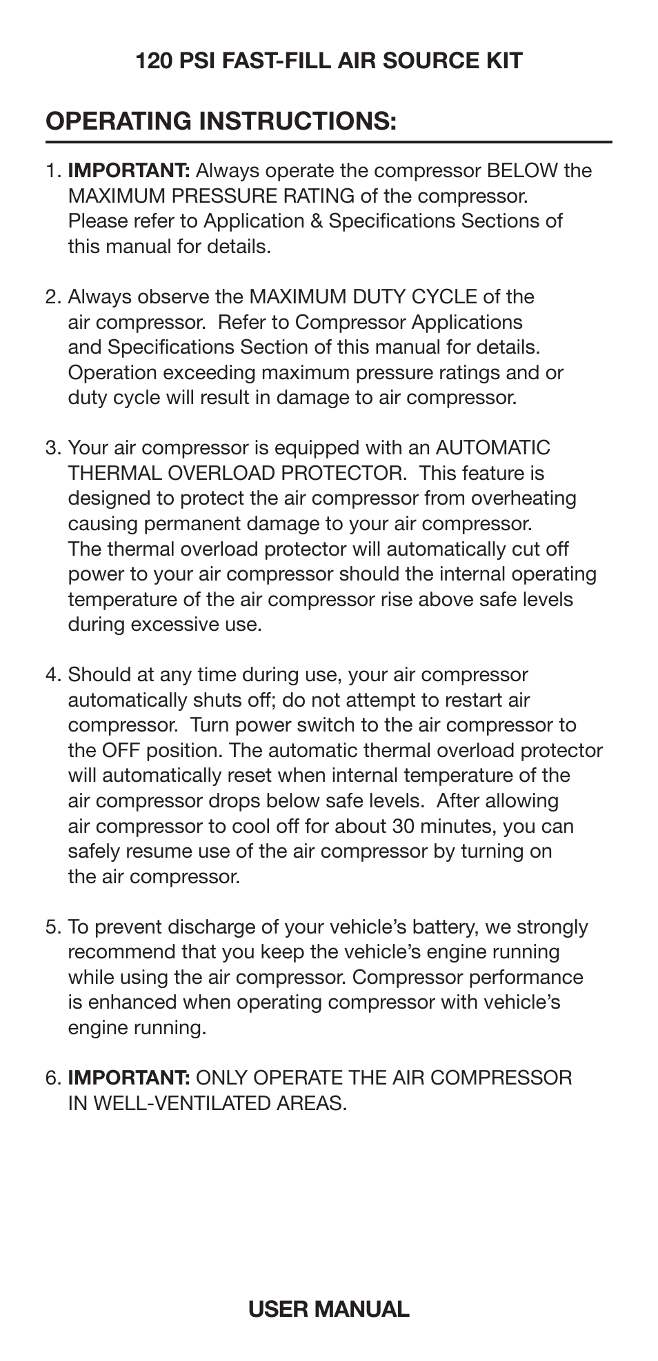 Operating instructions | VIAIR 120 PSI Fast-Fill User Manual | Page 5 / 10