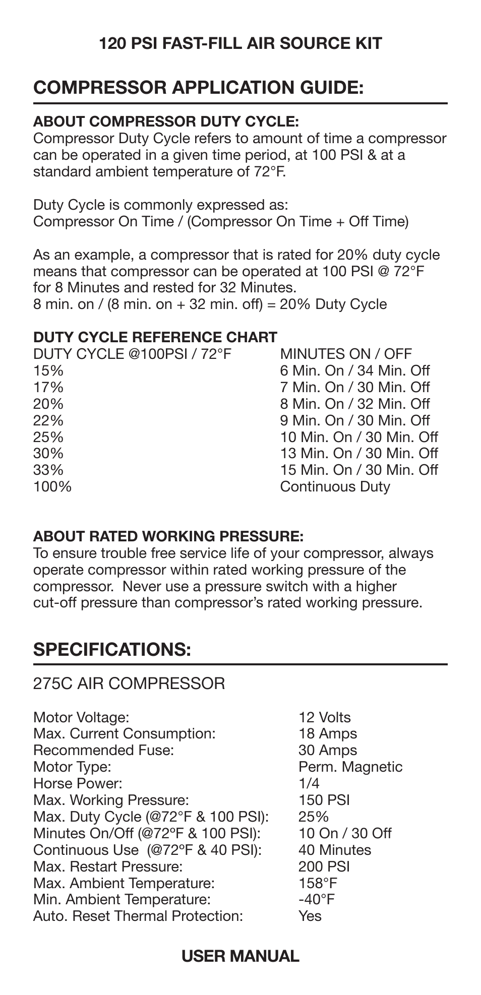 Compressor application guide, Specifications | VIAIR 120 PSI Fast-Fill User Manual | Page 7 / 10