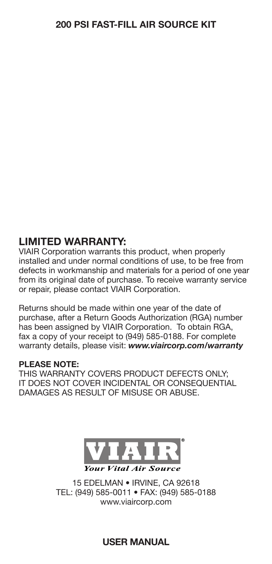 Limited warranty | VIAIR 200 PSI Fast-Fill User Manual | Page 10 / 10