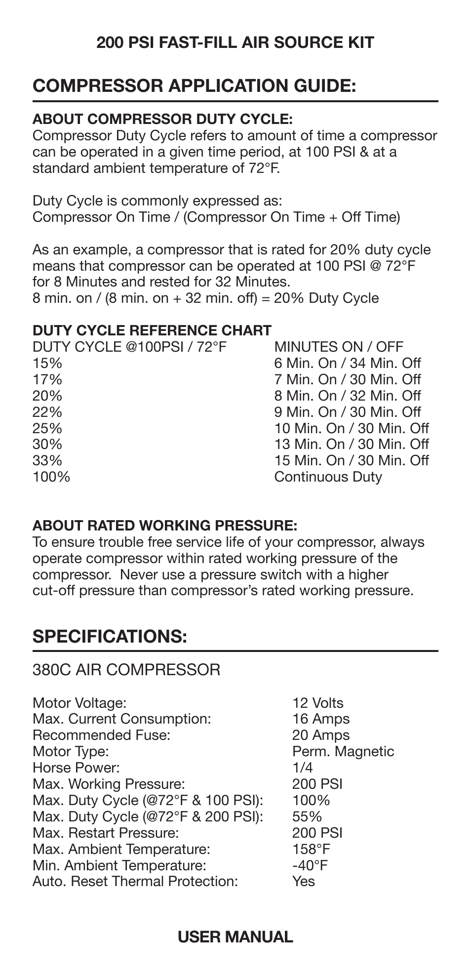 Compressor application guide, Specifications | VIAIR 200 PSI Fast-Fill User Manual | Page 7 / 10