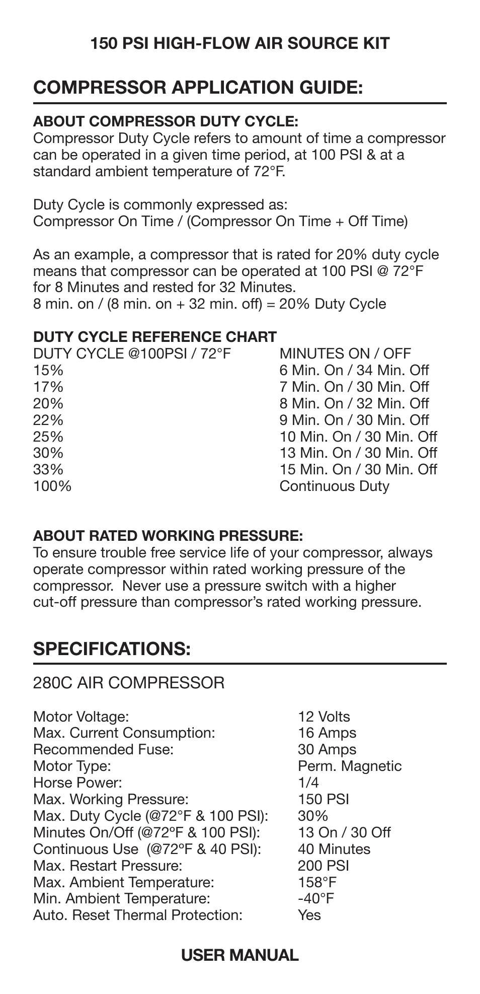 Compressor application guide, Specifications | VIAIR 150 PSI High-Flow User Manual | Page 7 / 10