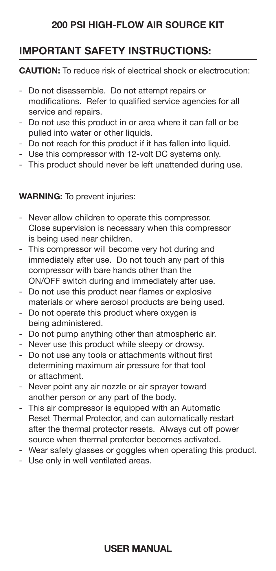 Important safety instructions | VIAIR 200 PSI High-Flow User Manual | Page 2 / 10