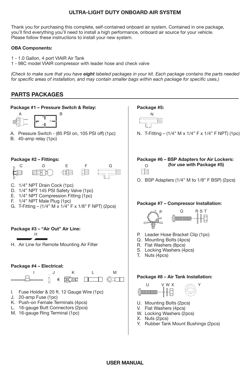 Parts packages, User manual ultra-light duty onboard air system | VIAIR Ultra-Light Duty OBA User Manual | Page 2 / 8
