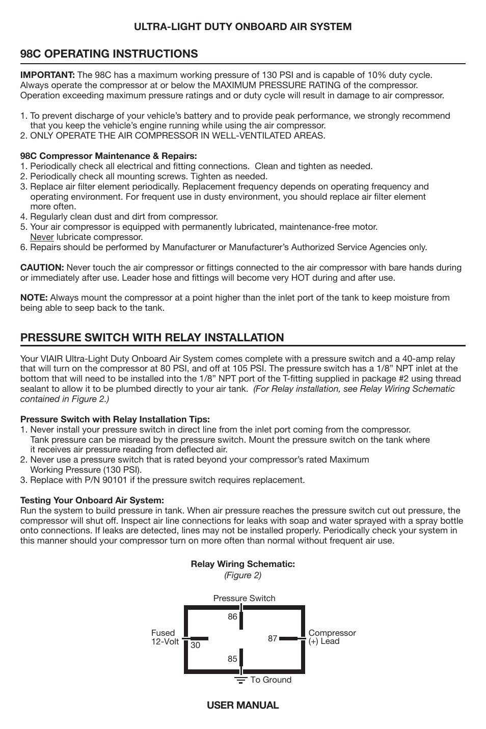 98c operating instructions, Pressure switch with relay installation | VIAIR Ultra-Light Duty OBA User Manual | Page 5 / 8