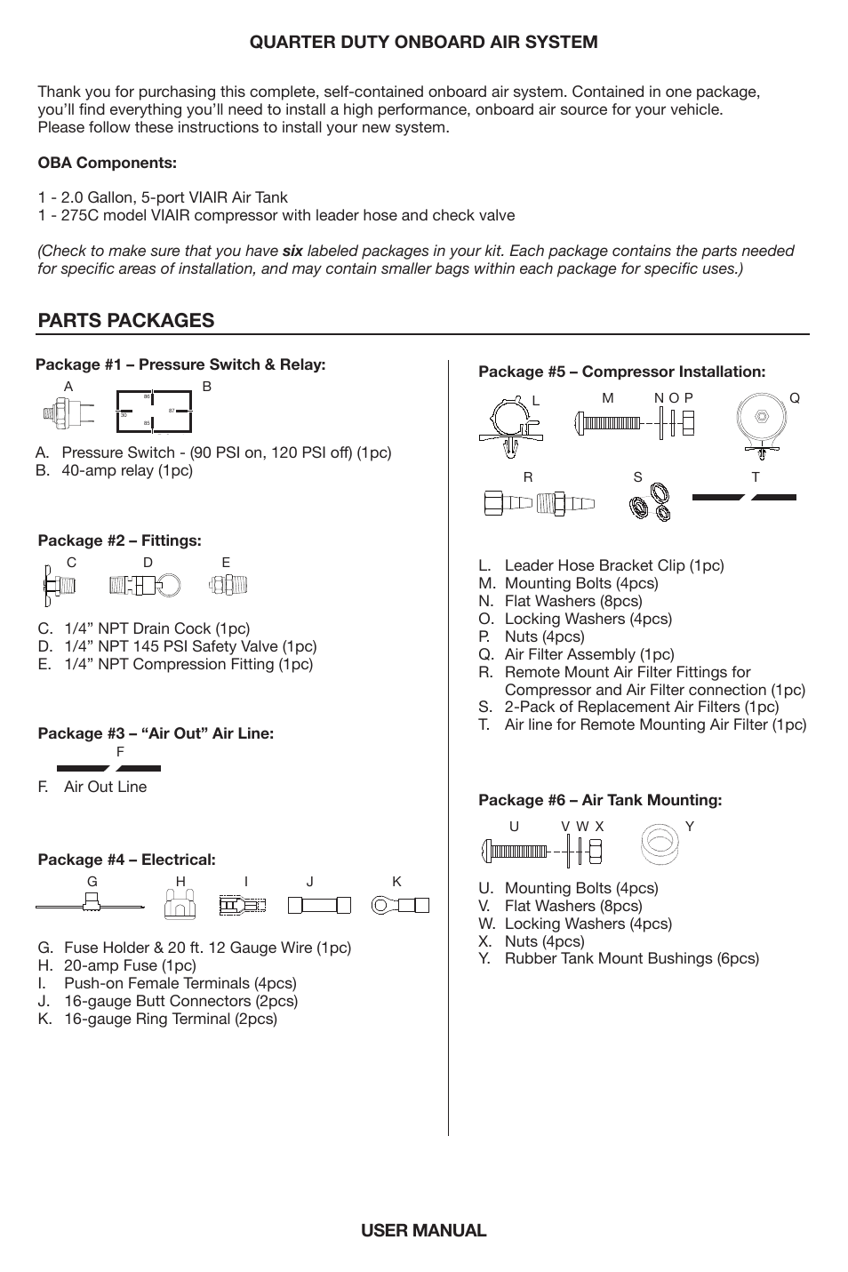 Parts packages, User manual quarter duty onboard air system | VIAIR Quarter Duty OBA User Manual | Page 2 / 8