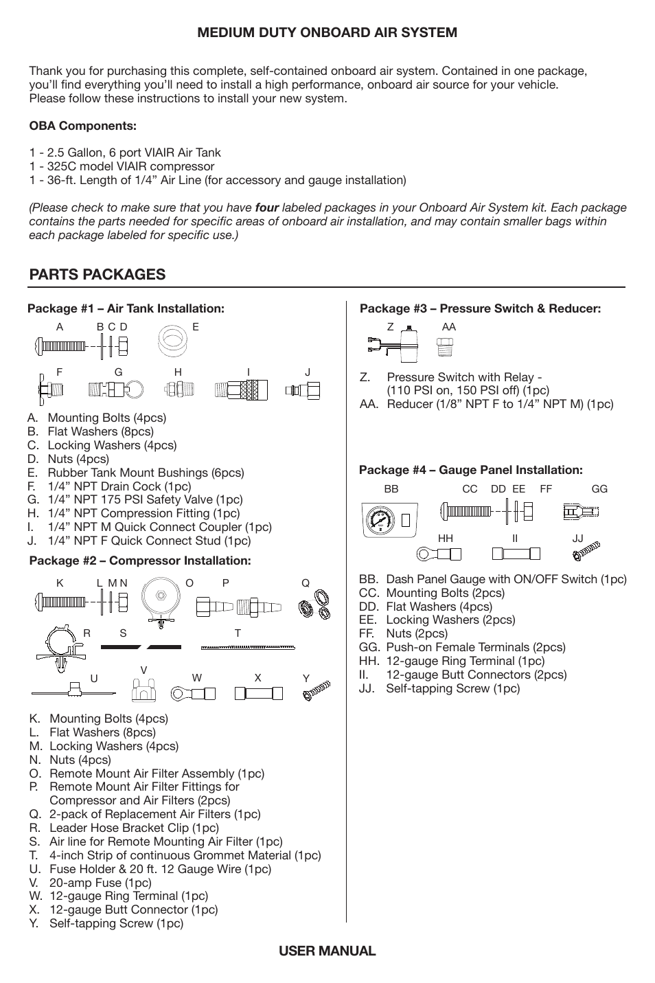 Parts packages, User manual medium duty onboard air system | VIAIR Medium Duty OBA User Manual | Page 3 / 12