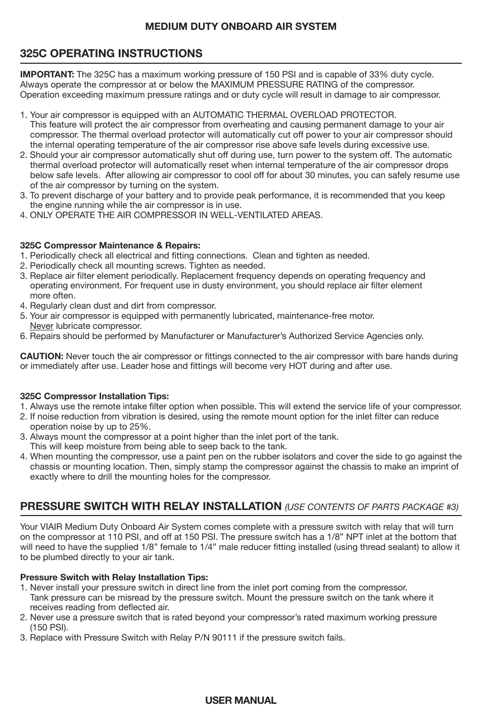 325c operating instructions, Pressure switch with relay installation | VIAIR Medium Duty OBA User Manual | Page 6 / 12