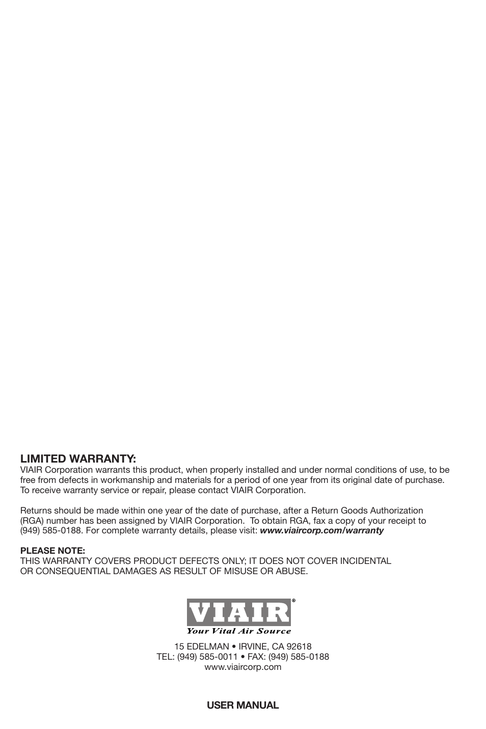 Limited warranty | VIAIR Heavy Duty OBA User Manual | Page 11 / 11