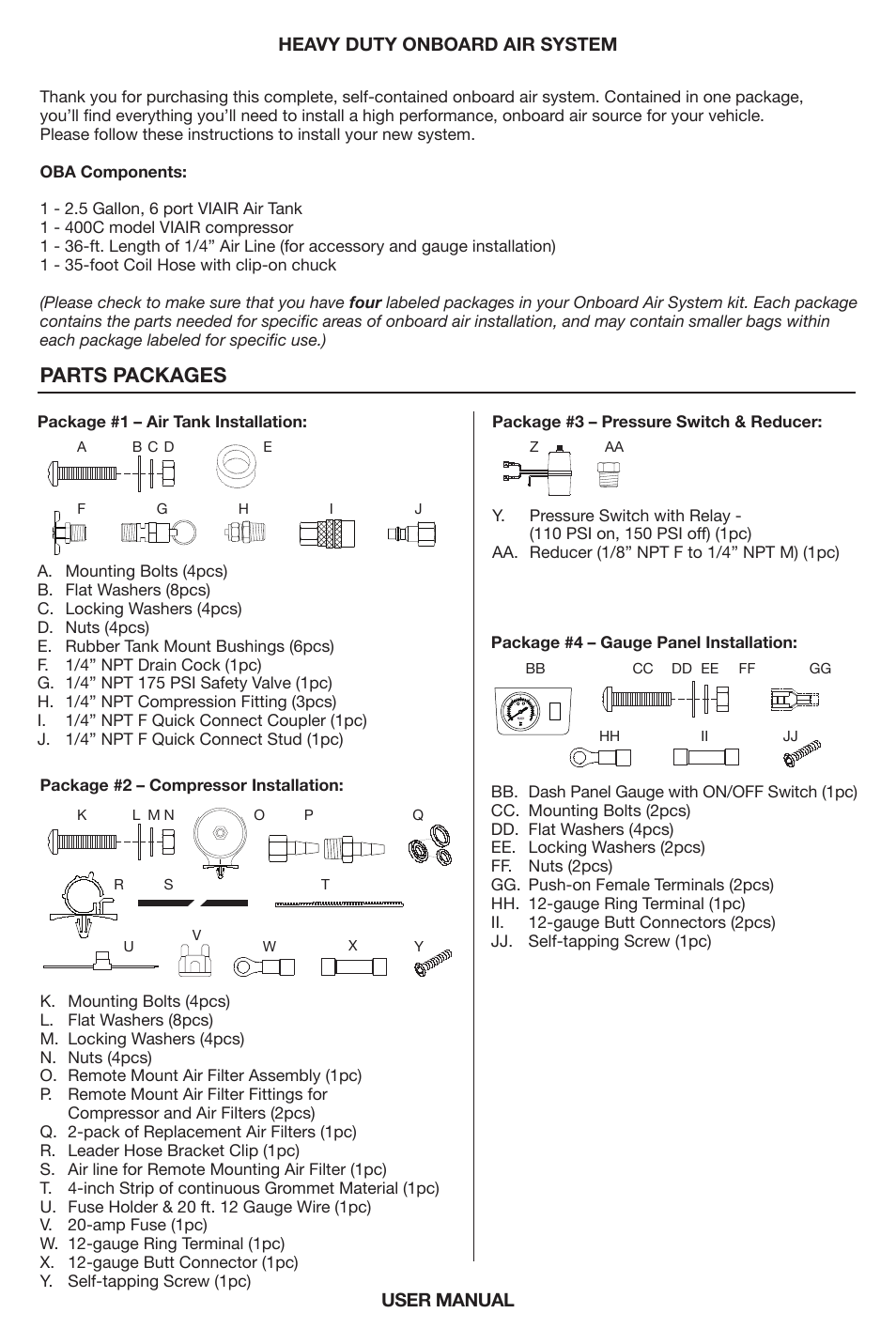 Parts packages, User manual heavy duty onboard air system | VIAIR Heavy Duty OBA User Manual | Page 2 / 11