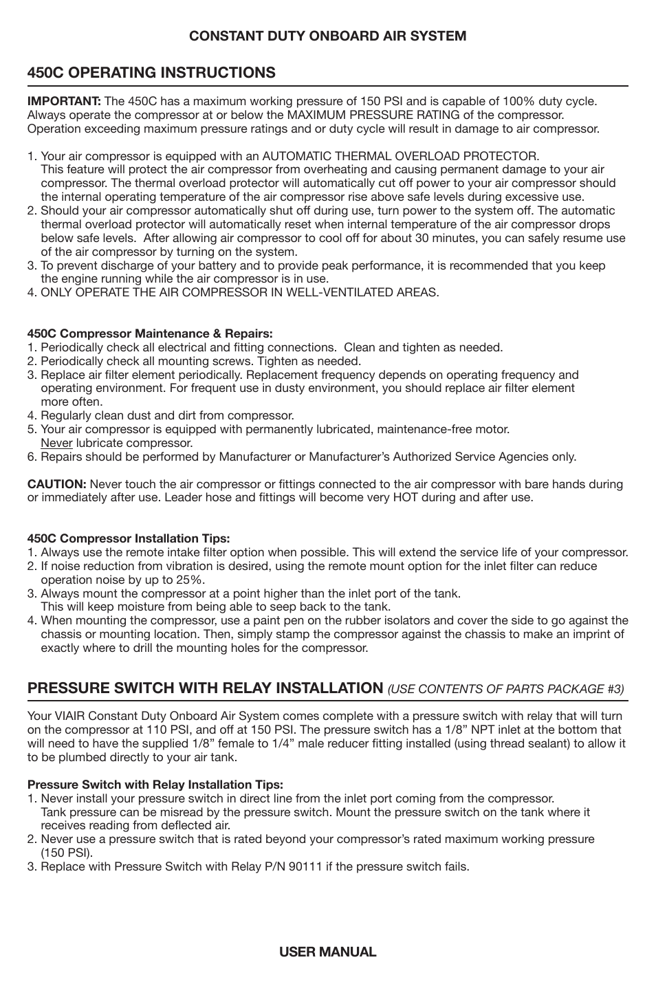450c operating instructions, Pressure switch with relay installation | VIAIR Constant Duty OBA User Manual | Page 5 / 11