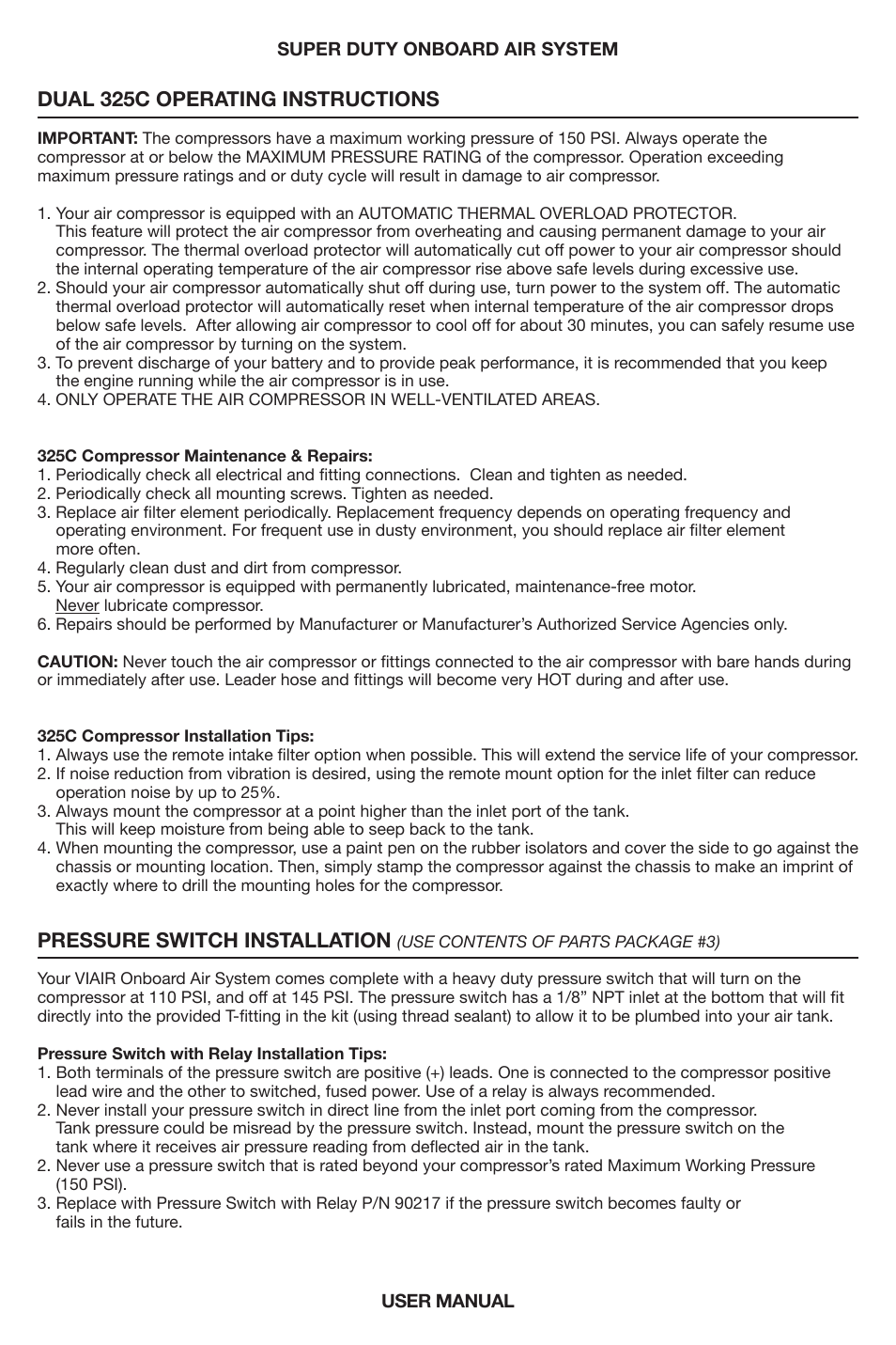 Dual 325c operating instructions, Pressure switch installation | VIAIR Super Duty OBA User Manual | Page 6 / 12