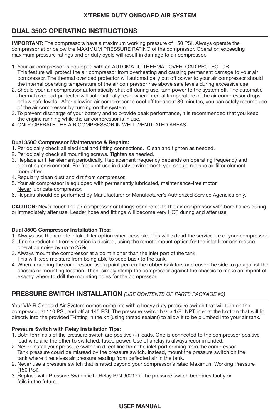 Dual 350c operating instructions, Pressure switch installation | VIAIR X'Treme Duty OBA User Manual | Page 6 / 12