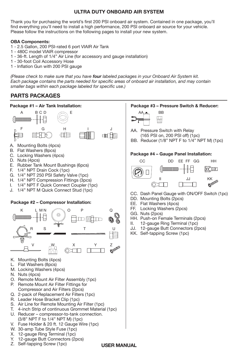 Parts packages, User manual ultra duty onboard air system | VIAIR Ultra Duty OBA User Manual | Page 2 / 11
