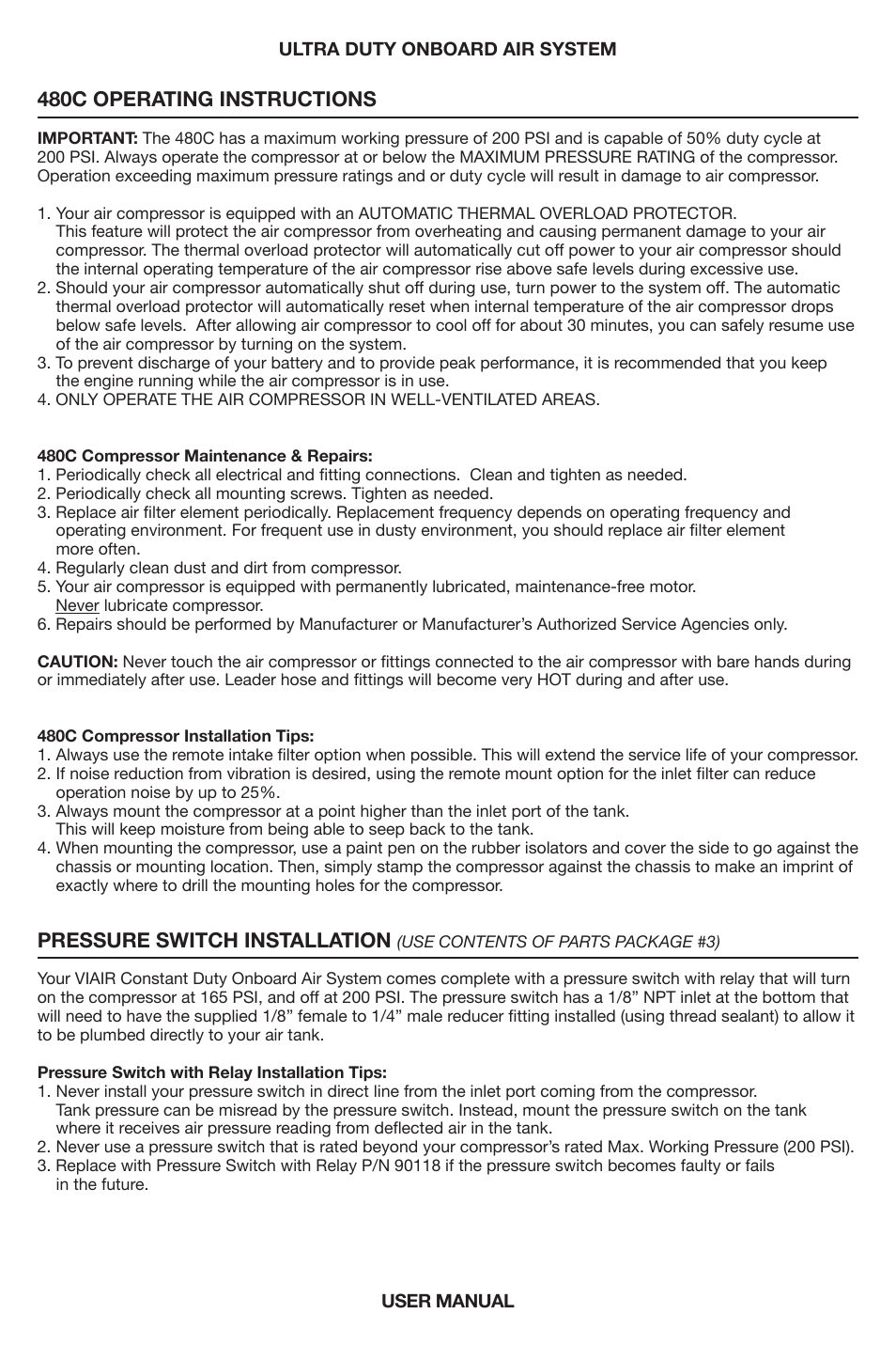 480c operating instructions, Pressure switch installation | VIAIR Ultra Duty OBA User Manual | Page 6 / 11