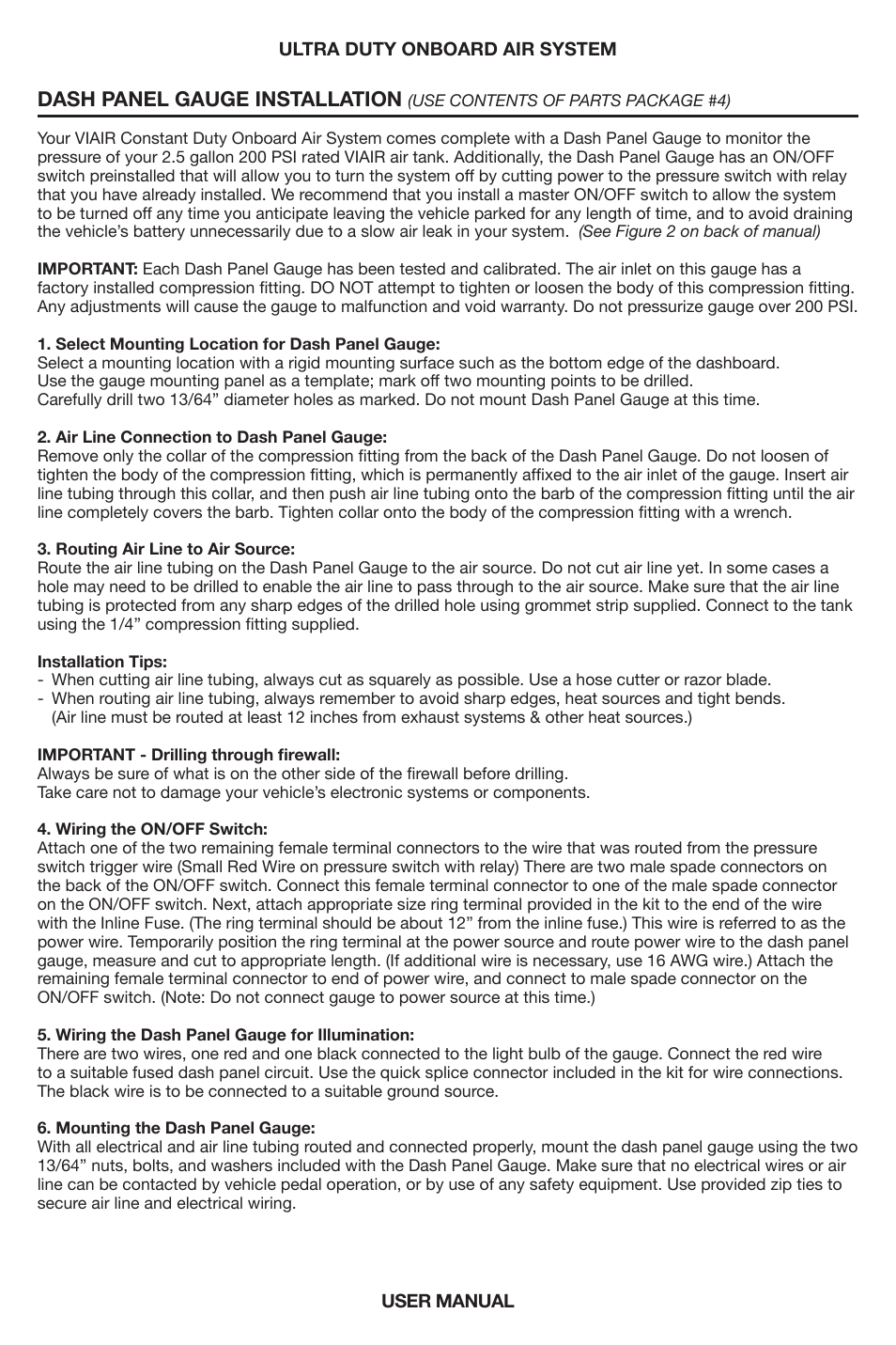 Dash panel gauge installation | VIAIR Ultra Duty OBA User Manual | Page 7 / 11