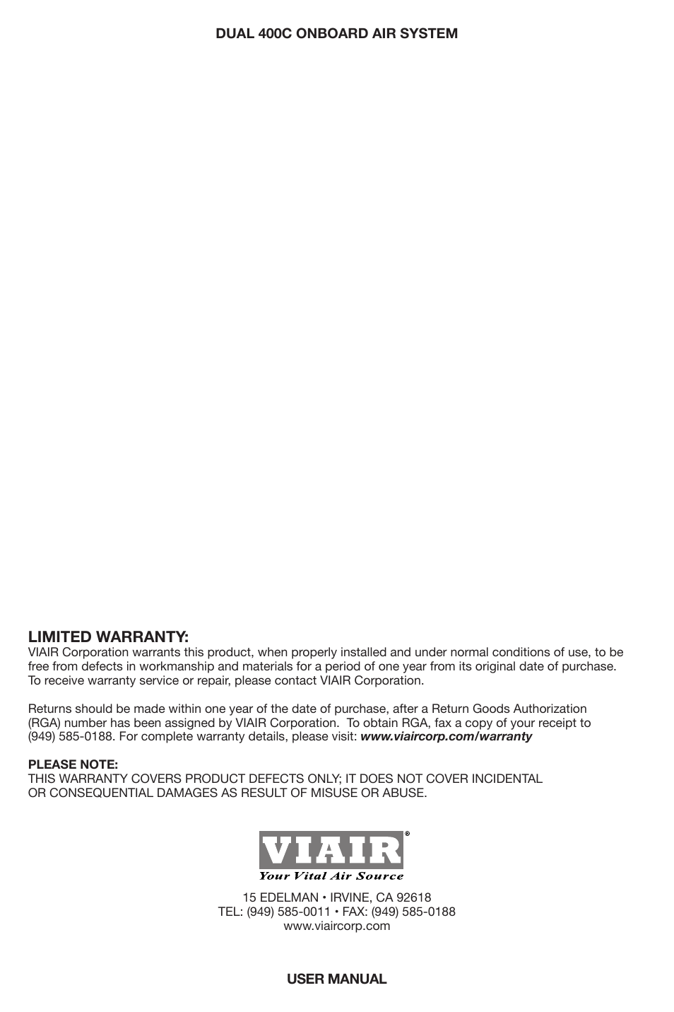 Limited warranty | VIAIR Dual 400C OBA User Manual | Page 12 / 12