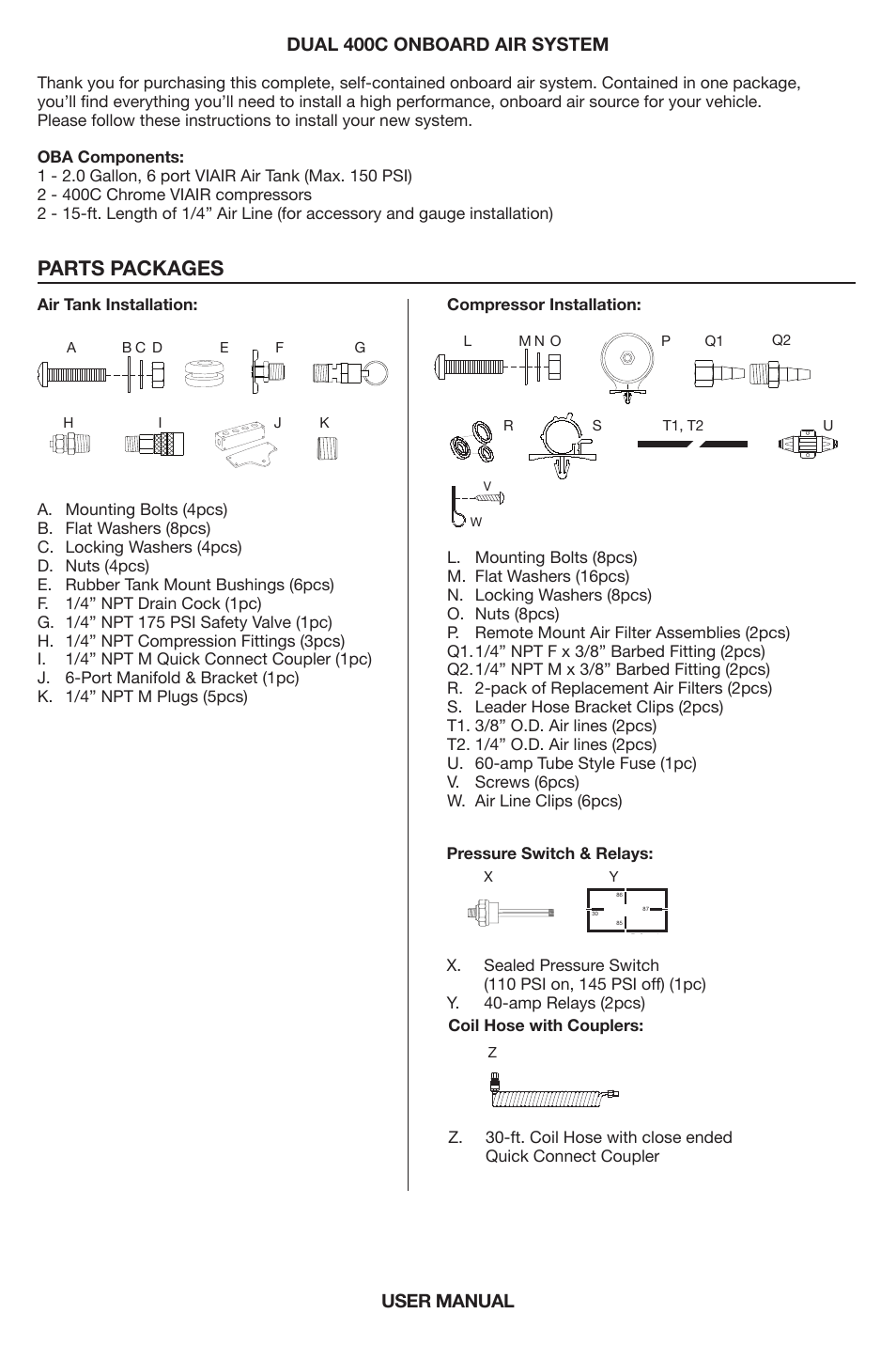 Parts packages, User manual dual 400c onboard air system | VIAIR Dual 400C OBA User Manual | Page 2 / 12