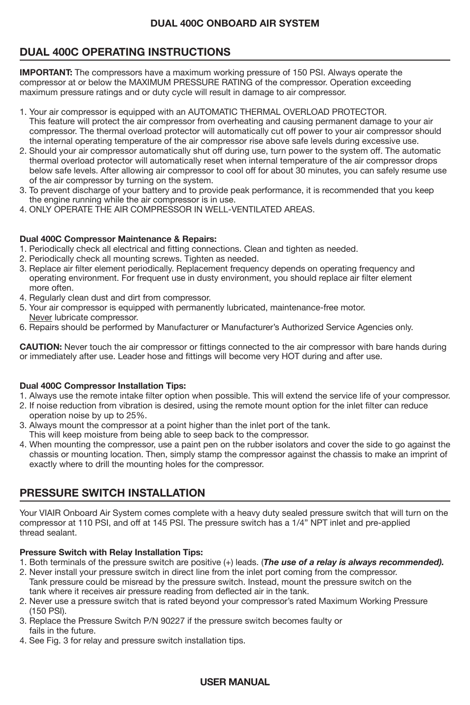 Dual 400c operating instructions, Pressure switch installation | VIAIR Dual 400C OBA User Manual | Page 6 / 12