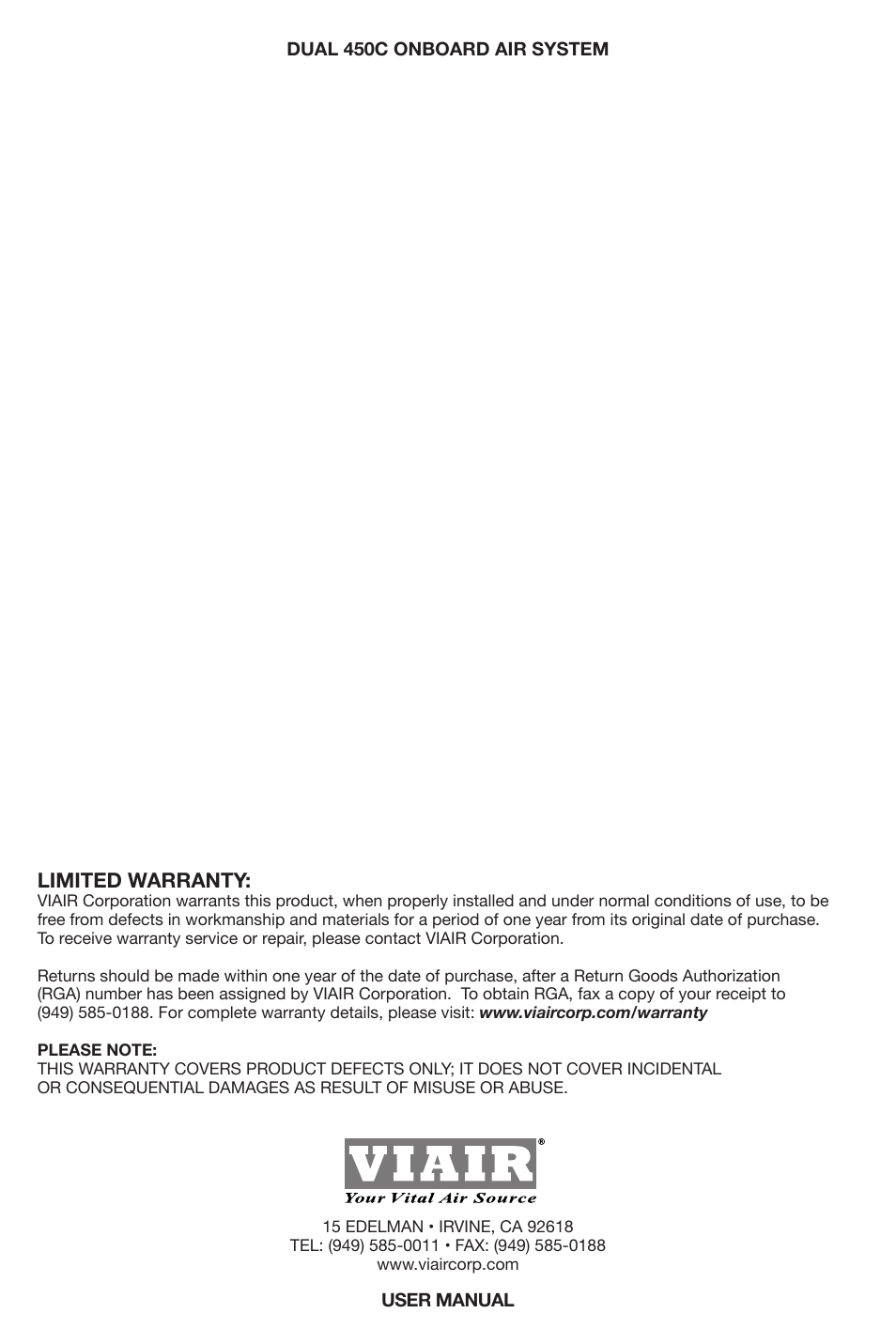 Limited warranty | VIAIR Dual 450C OBA User Manual | Page 12 / 12