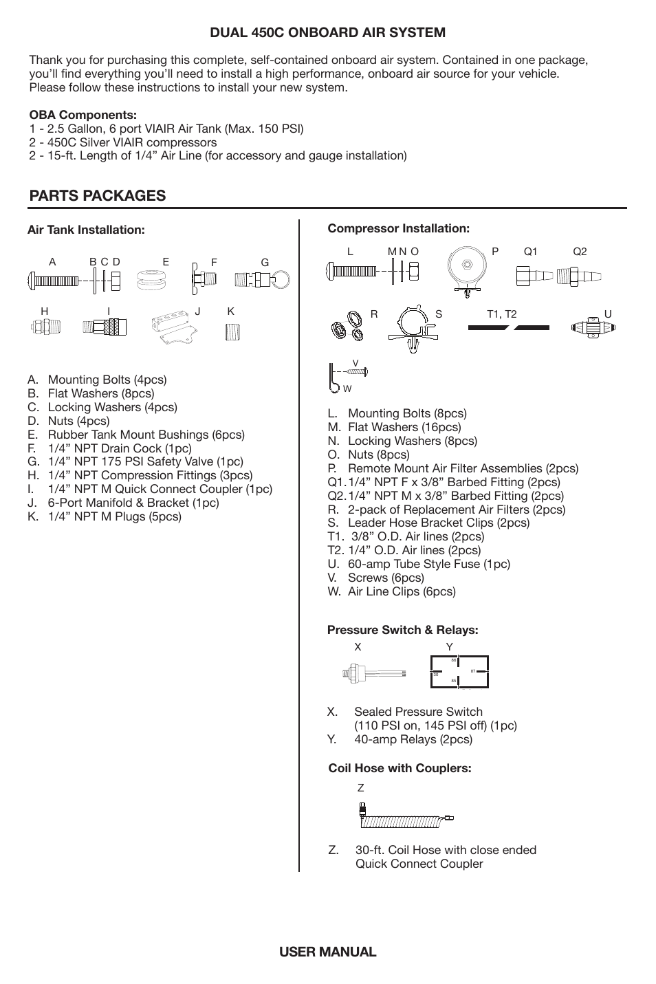 Parts packages, User manual dual 450c onboard air system | VIAIR Dual 450C OBA User Manual | Page 2 / 12