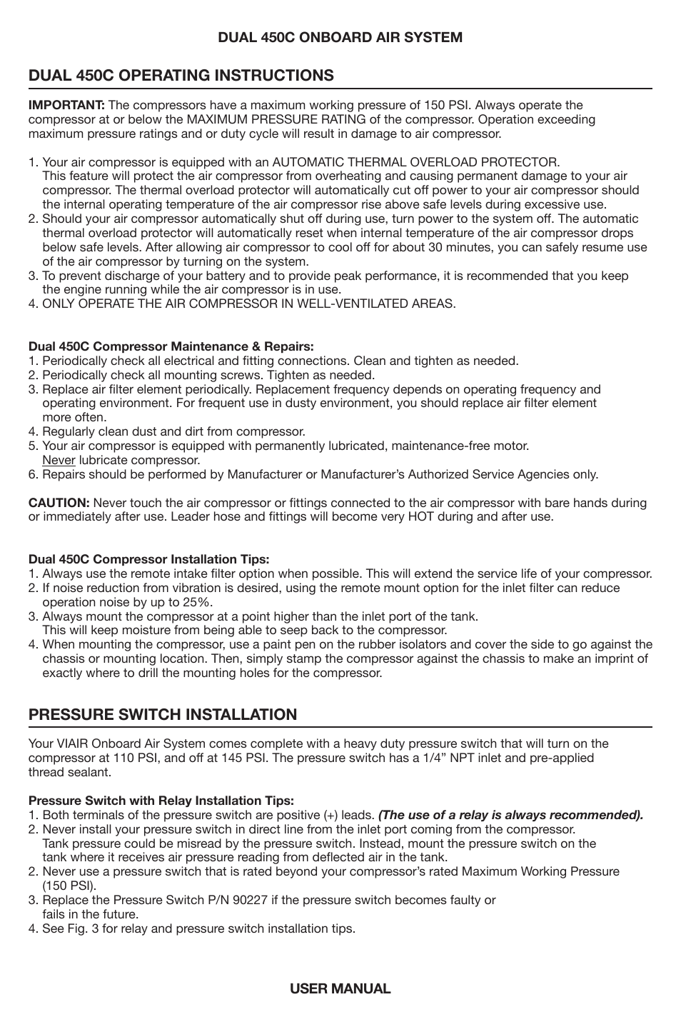 Dual 450c operating instructions, Pressure switch installation | VIAIR Dual 450C OBA User Manual | Page 6 / 12