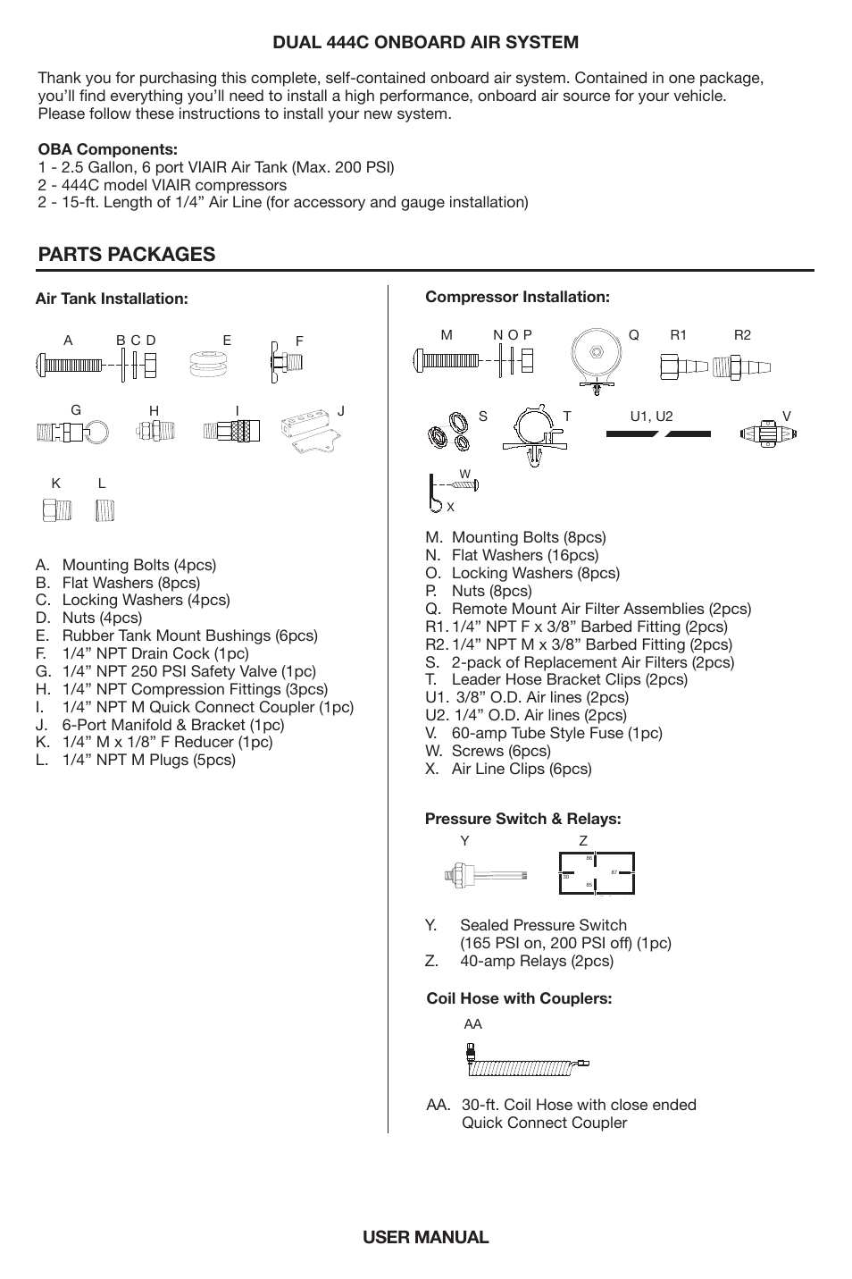 Parts packages, User manual dual 444c onboard air system | VIAIR Dual 444C OBA User Manual | Page 2 / 12
