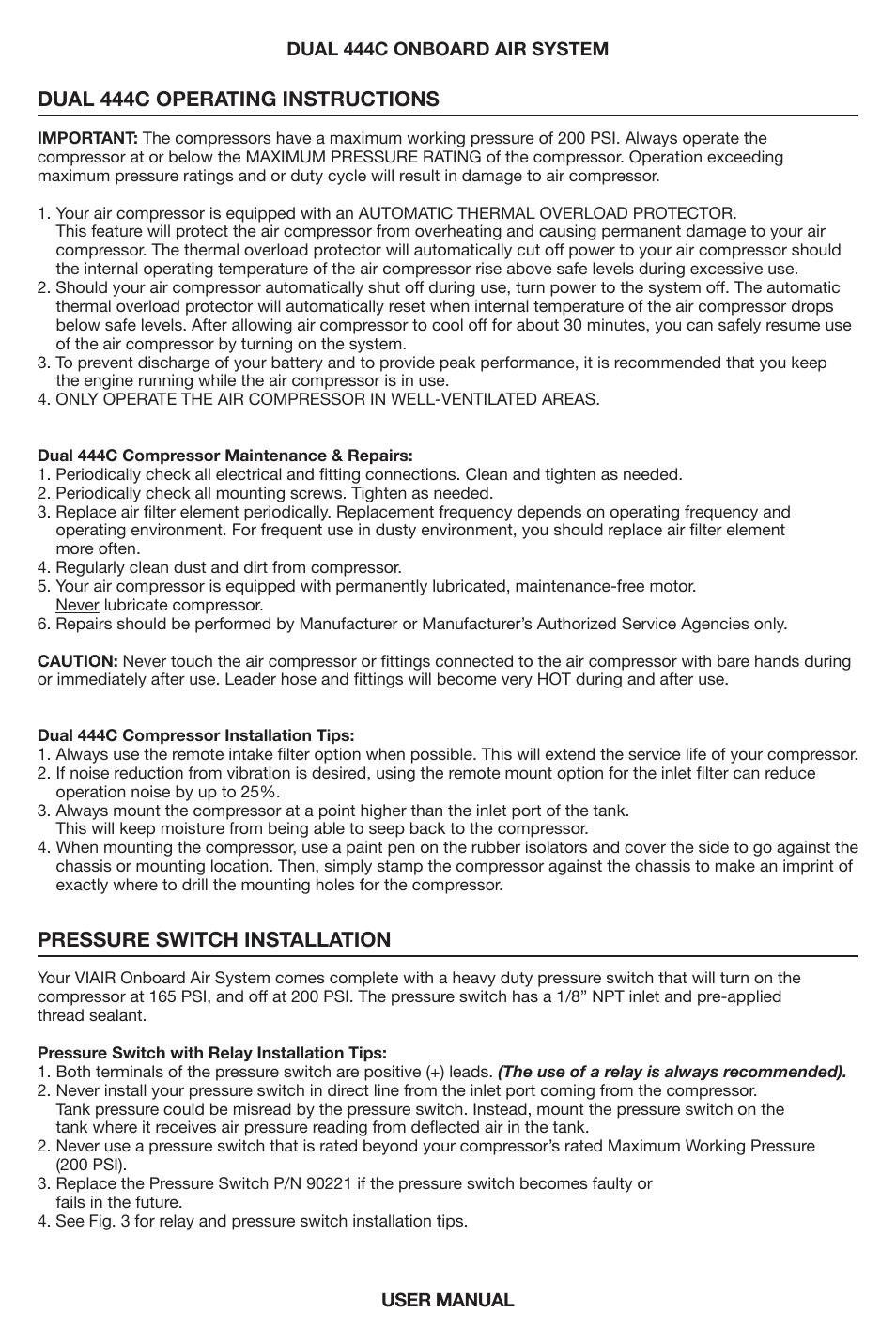 Dual 444c operating instructions, Pressure switch installation | VIAIR Dual 444C OBA User Manual | Page 6 / 12