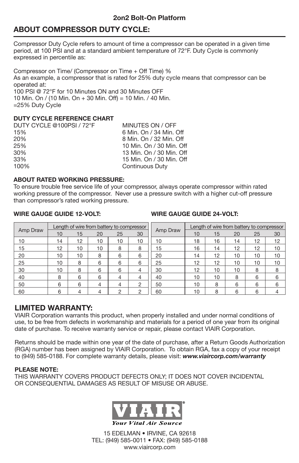 Limited warranty, About compressor duty cycle, 2on2 bolt-on platform | VIAIR High-Pressure (Universal) User Manual | Page 8 / 8