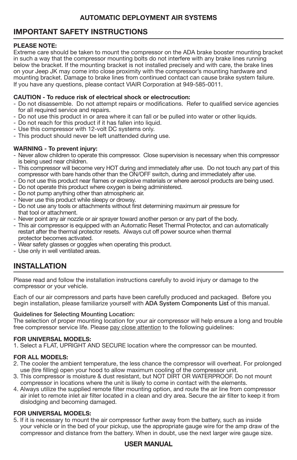 Important safety instructions, Installation | VIAIR Constant Duty (Universal) User Manual | Page 2 / 8
