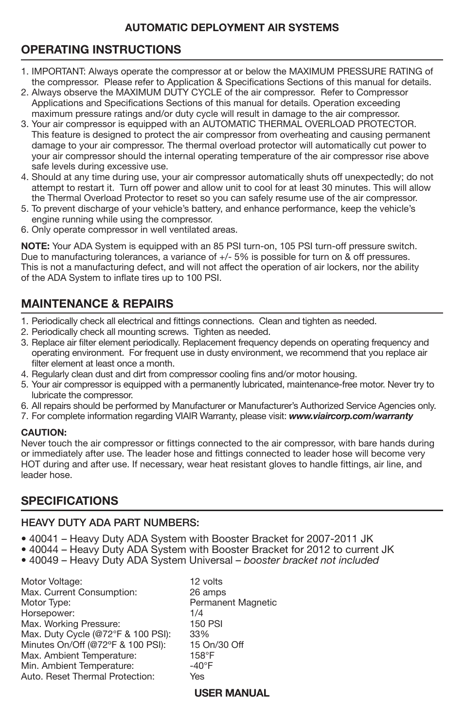 Operating instructions, Maintenance & repairs, Specifications | VIAIR Constant Duty (Universal) User Manual | Page 4 / 8