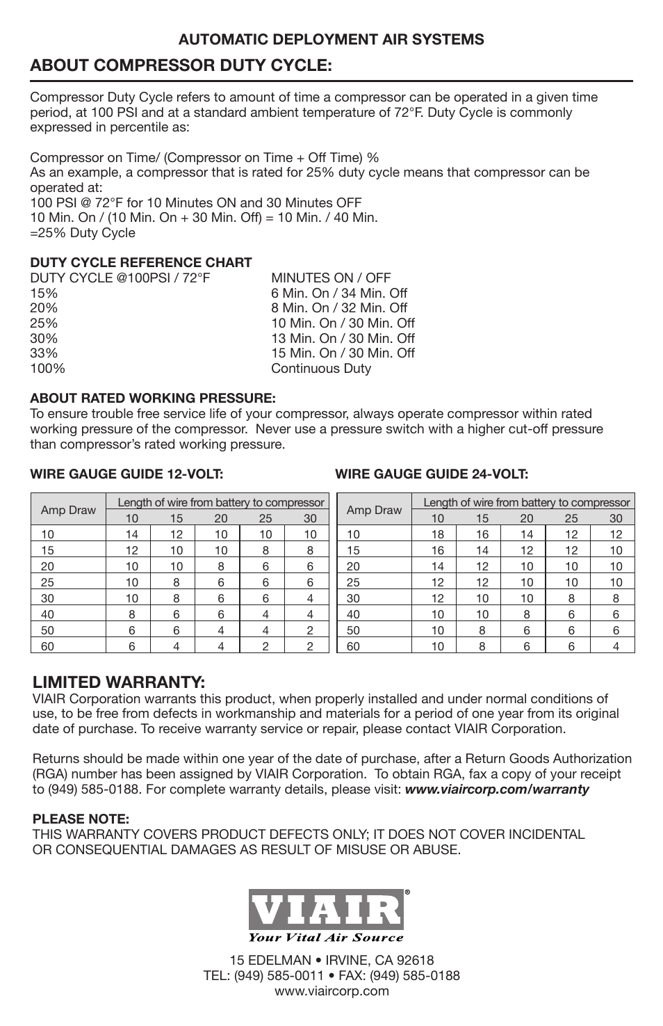 Limited warranty, About compressor duty cycle, Automatic deployment air systems | VIAIR Constant Duty (Universal) User Manual | Page 8 / 8