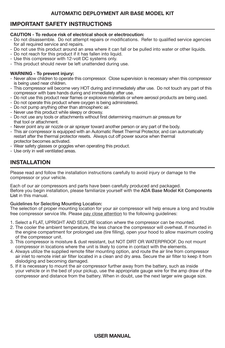 Important safety instructions, Installation | VIAIR Constant Duty (Base Model Kit) User Manual | Page 2 / 8